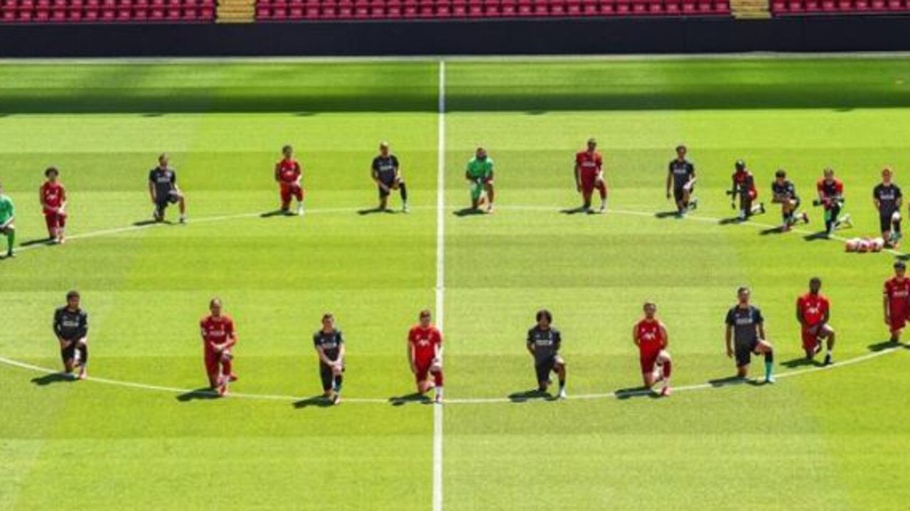 Liverpool players take a knee in memory of George Floyd at Anfield (Liverpool FC Twitter)