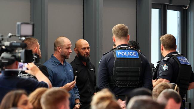 Two CFMEU members were removed by security and police after shouting during the Queensland Major Contractors Association breakfast in Brisbane. Picture: NewsWire/Tertius Pickard