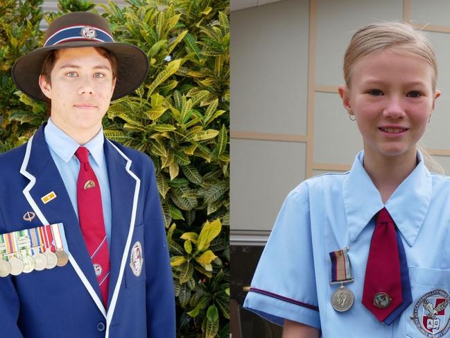 Caloundra school students Cade Stowers and Lillie Sullivan wore family war medals to school ahead of Anzac Day.