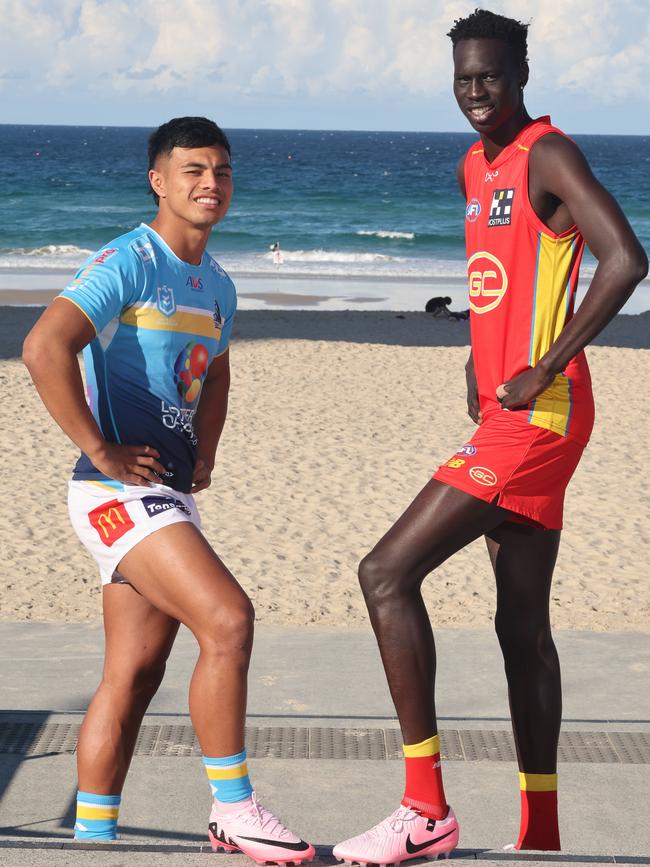 Future Gold Coast superstars, Keano Kini from the Titans and Mac Andrew from the Suns are both out to deliver the region it’s first professional premiership. Picture Glenn Hampson