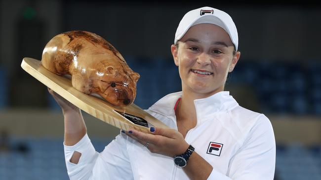 Ash Barty holds aloft a very Australian trophy after claiming the Yarra Valley Classic. Picture: Michael Klein