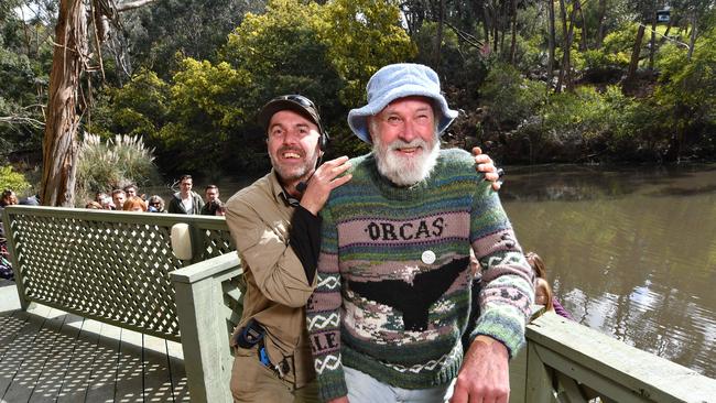 Dr John Wamsley and new owner David Cobbold share a moment during a guided tour of the Platypus Pond at Warrawong Wildlife Sanctuary. PICTURE: AAP/Mark Brake)