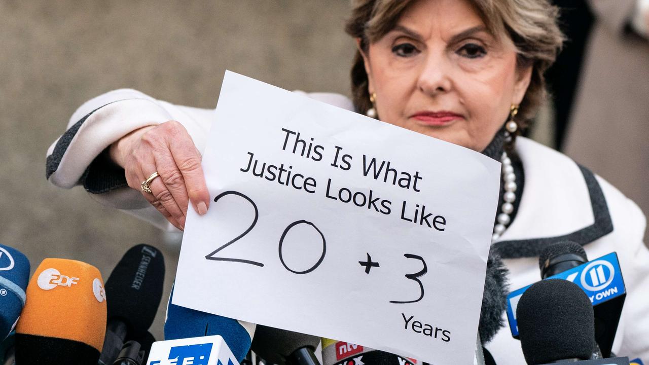 Lawyer Gloria Allred holds up a sign after the sentencing of Hollywood mogul Harvey Weinstein in New York Criminal Court on March 11, 2020 in New York City. Harvey Weinstein was sentenced to 23 years in prison after being convicted of rape and criminal sexual assault. Picture: Jeenah Moon/Getty Images/AFP.