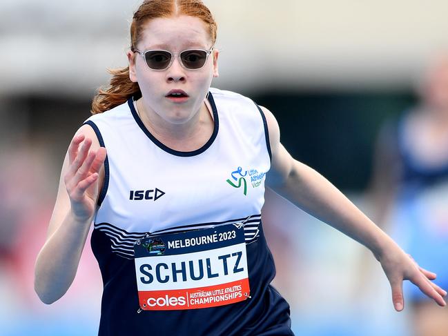 Zoe Schultz (VIC) competes in the Girls MC1 100m during the Australian Little Athletics Championships at Lakeside Stadium in Albert Park, Victoria on April 23, 2023.