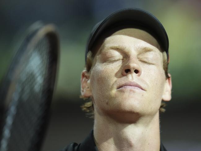 Italy's Jannik Sinner reacts after a second round match against Argentina's Mariano Navone at the Italian Open tennis tournament in Rome, Saturday, May 10, 2025. (AP Photo/Andrew Medichini)