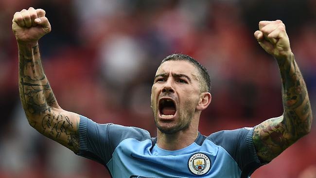 Manchester City’s Serbian defender Aleksandar Kolarov celebrates the victory over Manchester United.
