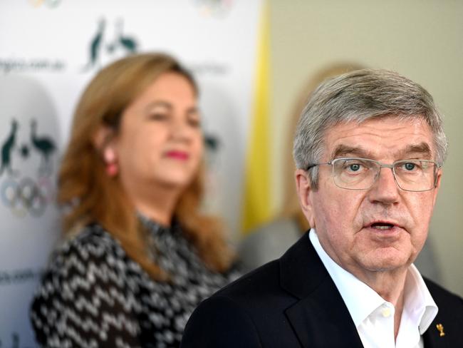 International Olympic Committee President Thomas Bach and Queensland Premier Annastacia Palaszczuk at the Sofitel Hotel, Sydney in 2022 discussing the Brisbane 2032 Olympic Games. Picture: NCA NewsWire / Jeremy Piper