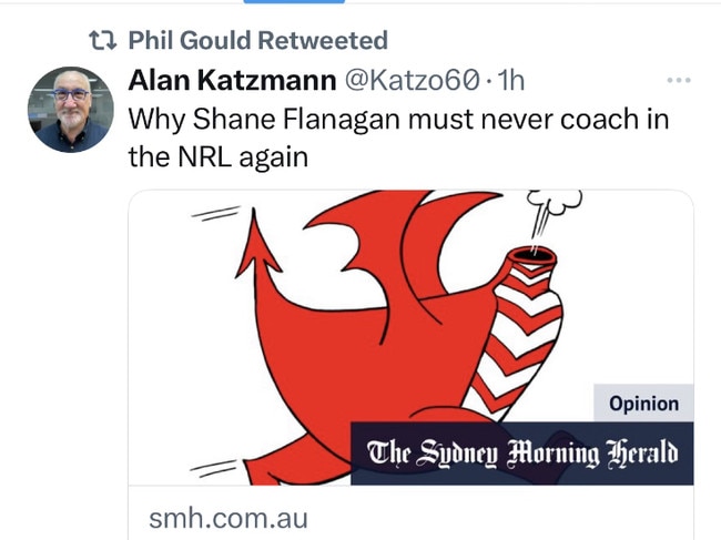 Phil Gould’s retweet on a story about why Shane Flanagan should never coach again.