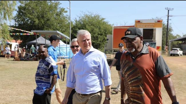 NLC chair Sammy Bush-Blanasi (right) with Deputy Prime Minister Michael McCormack at the Barunga celebration near Katherine at the weekend where historic Land Right Act reforms were announced. Picture: FACEBOOK