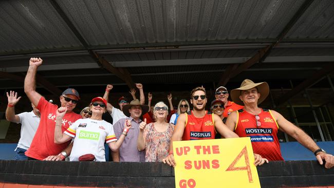 PERTH, AUSTRALIA - MARCH 15: The Gold Coast Suns traveling party form the crowd during the 2020 AFLW Round 06 match between the West Coast Eagles and the Gold Coast Suns at Mineral Resources Park on March 15, 2020 in Perth, Australia. (Photo by Daniel Carson/AFL Photos via Getty Images)