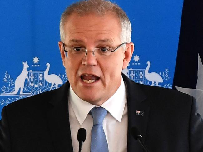 MELBOURNE, AUSTRALIA - MARCH 18: Prime Minister Scott Morrison addresses the Australia-Israel Chamber of Commerce on March 18, 2019 in Melbourne, Australia. The Prime Minister has announced an acceleration to the Safer Communities programme, with $55 million in community safety grants, with priority to be given to religious schools, places of religious worship and religious assembly. Grants from $50,000 to $1.5 million will provide for safety enhancements such as CCTV cameras, lighting, fencing, bollards, alarms, security systems and public address systems. The additional funding is in response to the deadly shooting attacks on two mosques in Christchurch on Friday, 15 March which killed 50 people. (Photo by Quinn Rooney/Getty Images)