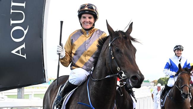 A delighted Nikita Beriman returns to scale after winning the QTIS Jewel 3YO with Party For Two. Picture: Grant Peters/Trackside Photography