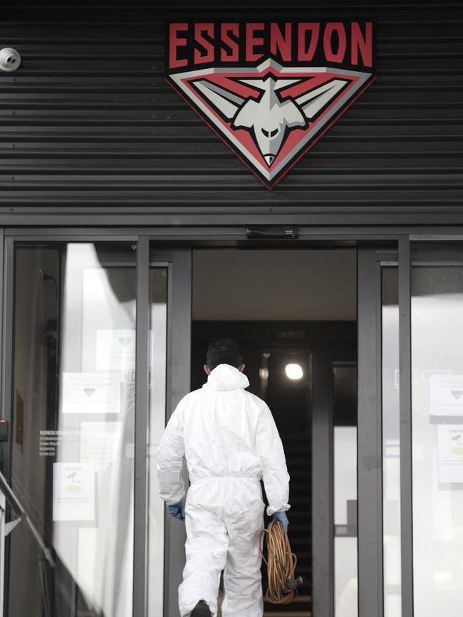 Deep cleaners arrive at Essendon Football Club on Sunday morning. Picture: Sarah Matray