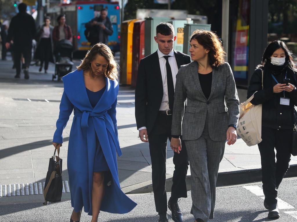 Harry Garside, arriving to court with solicitor Rebekah Giles (left) and barrister Sue Chrysanthou (right). Picture: NCA Newswire / Gaye Gerard