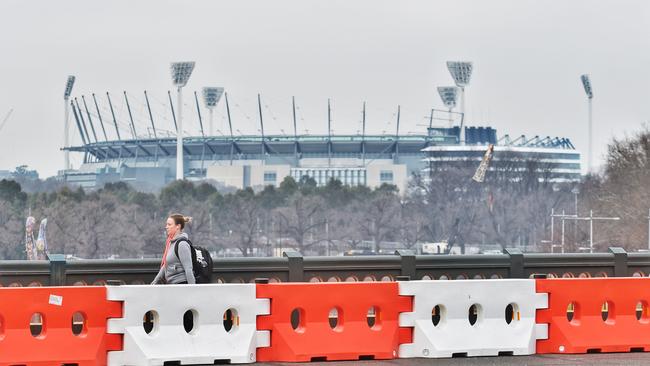 The barricades are on both side of the Princes Bridge. Picture: Tony Gough