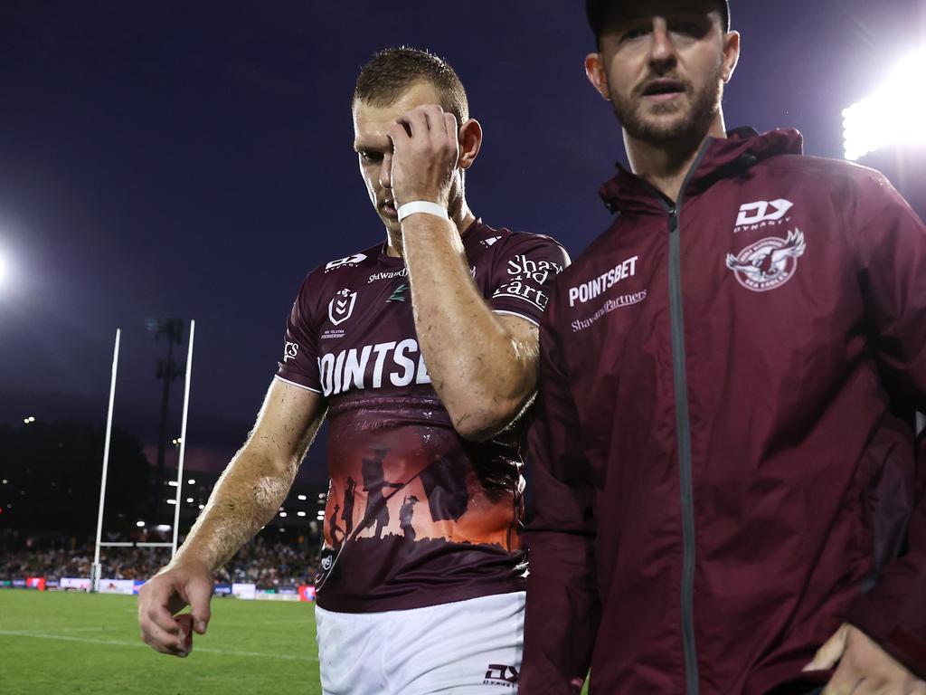 Tom Trbojevic leaves the field with a groin injury. Picture: Mark Kolbe/Getty