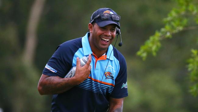 Pride coach Ty Williams has a laugh during the pre-season trial match between the Northern Pride and the Cairns Foley Shield side, held at Petersen Park, Edmonton. PICTURE: BRENDAN RADKE