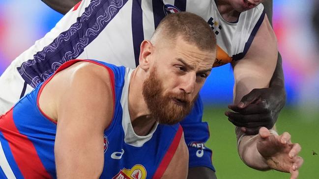 Western Bulldogs star defender Liam Jones is pushing to return from a knee injury against Sydney on Sunday. Picture: Daniel Pockett / Getty Images