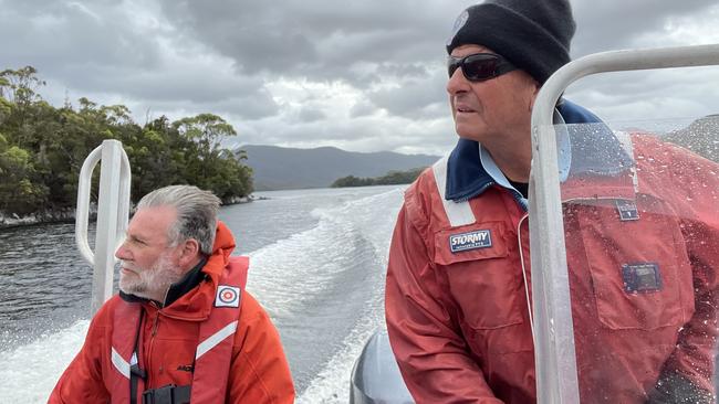 Guide Peter Marmion and skipper Pieter van der Woude on board a dinghy while leading a tour group in the state’s South West. Picture: Philip Young