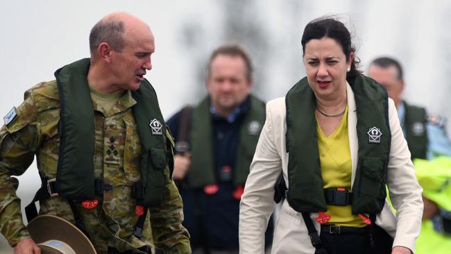 Queensland Premier Annastacia Palaszczuk arrives via Australian Defence Force helicopter to inspect the damage caused by Cyclone Debbie at Bowen Airport in March. Picture: Sarah Motherwell/AAP