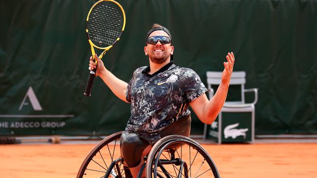 Dylan Alcott celebrates his French Open win. Picture: Getty Images