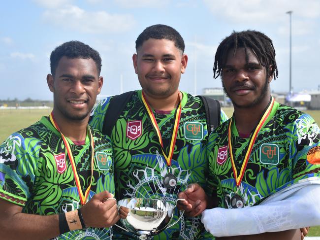 Yogan Jacob, Jarell Penola, and Zeke Javai following their under-17 win with GH United at the Mackay Indigenous Rugby League Carnival. Picture: Mitch Bourke