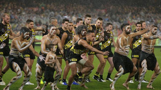 Sydney Stack joined in a pre-match dance before Dreamtime at the G. Picture: AAP Image/Mark Dadswell.