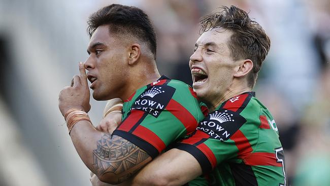 South Sydney’s Tevita Tatola scores a try with Cameron Murray in the elimination final against Newcastle at ANZ Stadium. Picture: Phil Hillyard