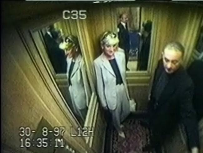 The late Diana, Princess of Wales, and her boyfriend Dodi Fayed in closed circuit video footage taken in Paris 30 August 1997, one day before the fatal car crash in which they were killed. Picture: AFP