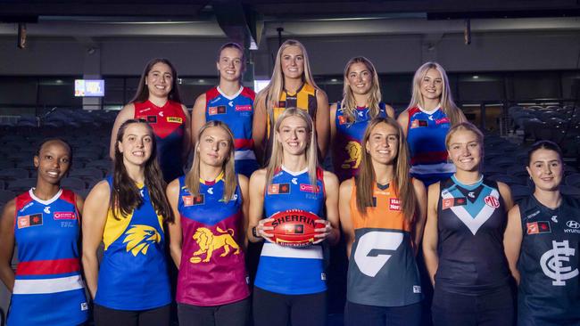 2023 AFLW draft first round picks. Back: Alyssia Pisano, Cleo Buttifant, Mikayla Williamson, Sophie Peters and Brooke Barwick. Front: Elaine Grigg, Jessica Rentsch, Evie Long, Kristie-Lee Weston-Turner, Kaitlyn Srhoj, Piper Window and Lila Keck. Picture: Wayne Taylor
