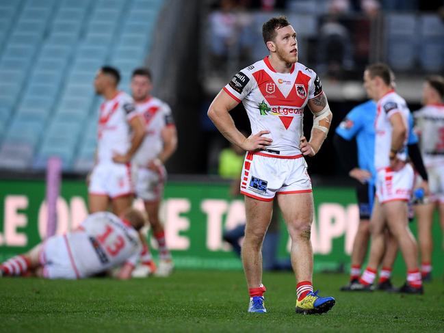 Cameron McInnes of the Dragons reacts following his team's loss to the Rabbitohs in the Round 19 NRL match between the South Sydney Rabbitohs and the St George Illawarra Dragons at ANZ Stadium in Sydney, Friday, July 26, 2019. (AAP Image/Dan Himbrechts) NO ARCHIVING, EDITORIAL USE ONLY