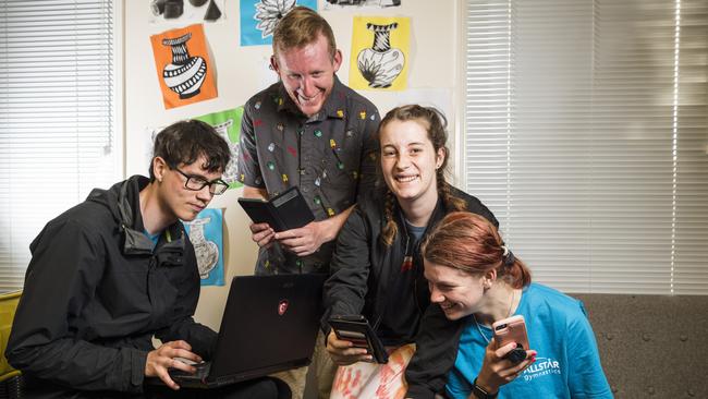 Having fun experimenting with online dating apps are (from left) Jared Jones, Scott Tiran, Caitlin Mortlock and Ella McGuire. Picture: Kevin Farmer