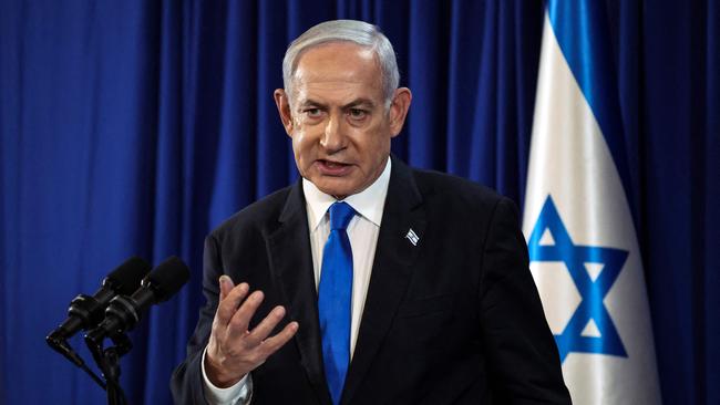 Israeli Prime Minister Benjamin Netanyahu addresses the press conference in Tel Aviv on Saturday. Picture: pool/AFP