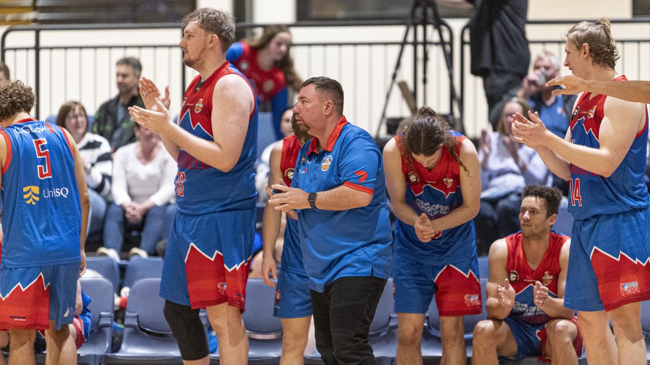 Toowoomba Mountaineers bench react in the game against Northside Wizards in QSL Division 1 Men round 2 basketball at Clive Berghofer Arena, St Mary's College, Sunday, April 21, 2024. Picture: Kevin Farmer