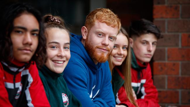 Teacher Darcy Bailey with year 10 students Jase Burgoyne, Lizzie-May Barnes, Hunter Barry and Bailey Durant at Henley Beach High School. Picture: Matt Turner