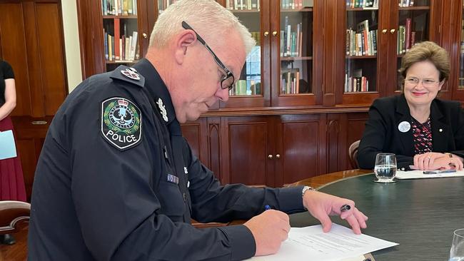 Police Commissioner Grant Stevens revokes the Major Covid-19 Emergency Declaration after 793 days at Government House on Tuesday May 24, 2022. Governor Frances Adamson watches. Picture: Chris Picton