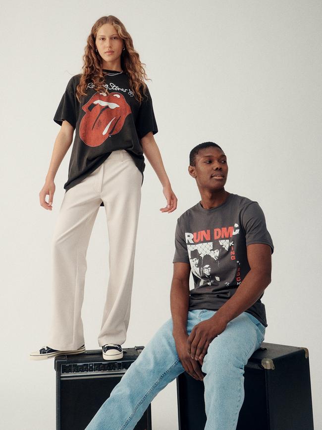 Models wearing Rolling Stones and Run DMC T-shirts. Picture: supplied