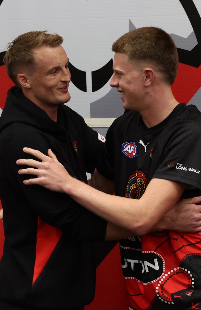 Redman presents Clarke with his jumper pre game. Picture: Getty Images