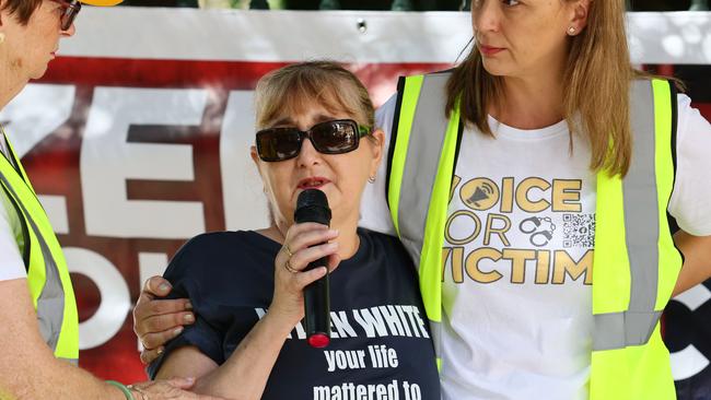 Cindy Micallef, the daughter of murdered grandmother Vyleen White, during a Voice for Victims rally in Brisbane. Picture: NCA NewsWire/Tertius Pickard