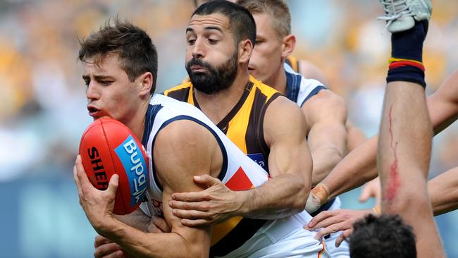 Hawthorn’s Paul Puopolo received a blatantly incorrect free kick on Saturday. Picture: AAP Images