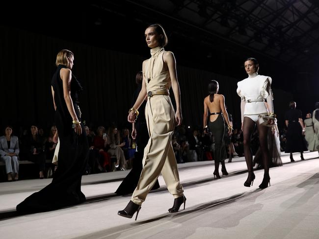 SYDNEY, AUSTRALIA - MAY 13: Models walk the runway during the Carla Zampatti Presented by Porsche show during Australian Fashion Week Presented By Pandora 2024 at Carriageworks on May 13, 2024 in Sydney, Australia. (Photo by Brendon Thorne/Getty Images for AFW)