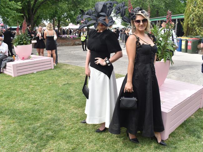 Guests in striking racewear at Penfolds Derby Day at the Flemington Racecourse on Saturday, November 02, 2024: Tea Blagojevic and Daniela Saracevic. Picture: Jack Colantuono