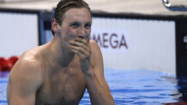 Mack Horton reacts after winning gold in the 400m freestyle.