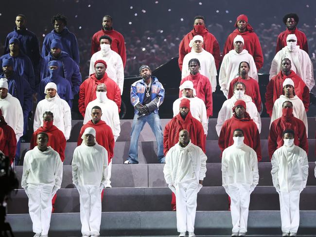 NEW ORLEANS, LOUISIANA - FEBRUARY 09: Kendrick Lamar performs onstage during Apple Music Super Bowl LIX Halftime Show at Caesars Superdome on February 09, 2025 in New Orleans, Louisiana.  (Photo by Jamie Squire/Getty Images)