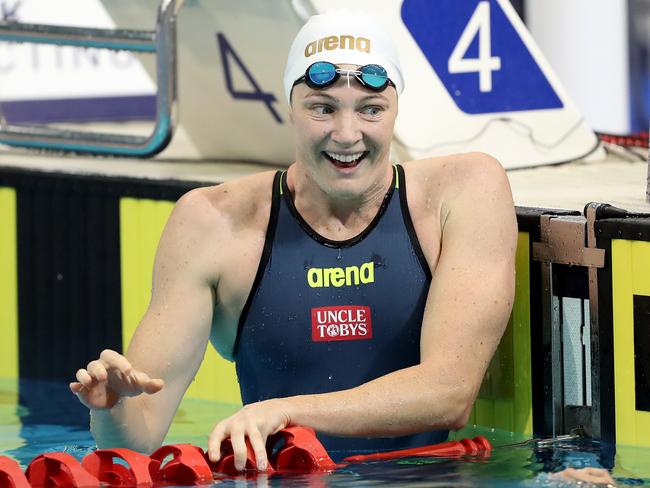 Cate Campbell is all smiles after winning the women’s 100m freestyle final. Picture: AAP Image/James Elsby