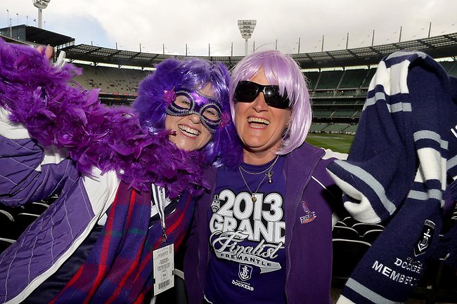 Debbie McLarty and Anna Cox from WA at the MCG for the 2013 AFL Grand Final. Picture: Nicole Garmston