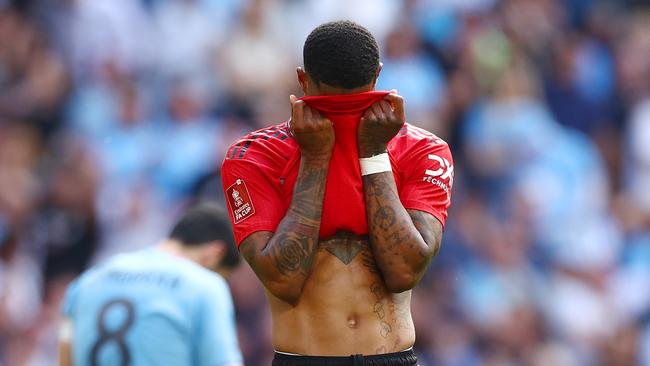 Marcus Rashford’s pose said it all. Photo by Clive Rose/Getty Images.