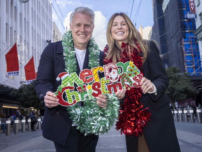 Lord mayoral candidate Aaron Wood and deputy mayor hopeful Erin Deering hope to transform Melbourne into the nation’s Christmas capital. Picture: Wayne Taylor