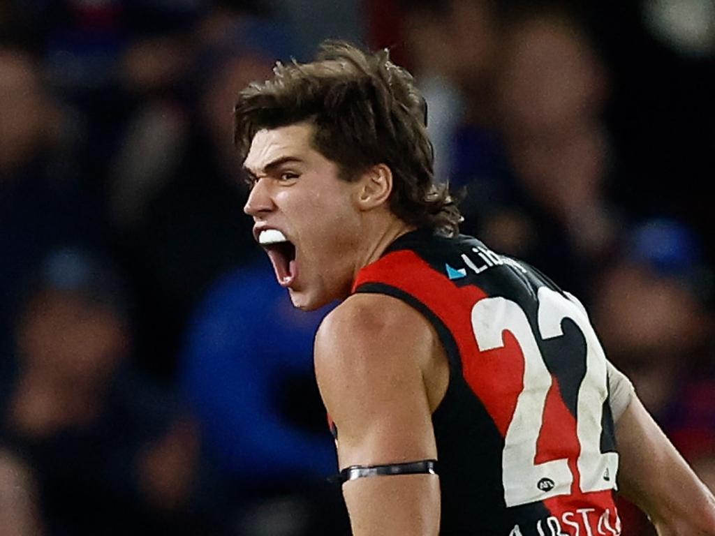 MELBOURNE, AUSTRALIA - APRIL 12: Sam Durham of the Bombers celebrates a goal during the 2024 AFL Round 05 match between the Western Bulldogs and the Essendon Bombers at Marvel Stadium on April 12, 2024 in Melbourne, Australia. (Photo by Michael Willson/AFL Photos via Getty Images)