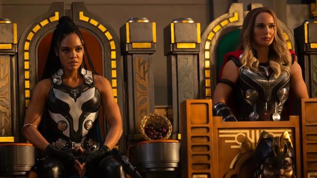 Tessa Thompson (left) and Natalie Portman, selling tickets to the gun show. Picture: Marvel Studios